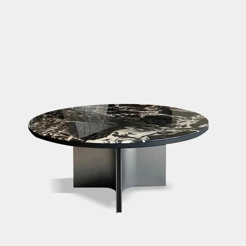 

FG44Black natural marble round dining table high-end Italian light luxury household dining table