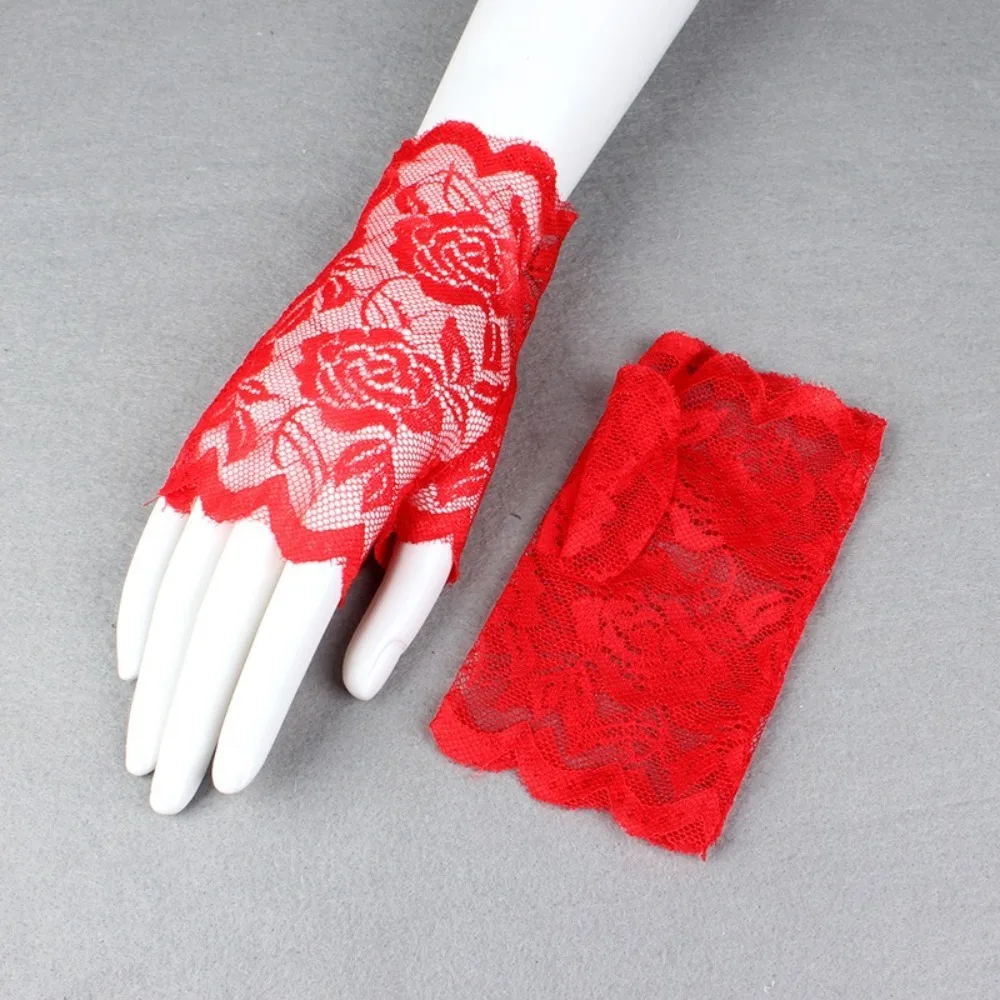 New Half Finger Mesh Mittens Lace Rose Flower Party Dress Performance Gloves Cosplay Dance Costume Wedding Bridal Gloves Sexy