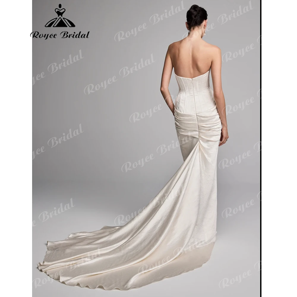 2026 Strapless Sweetheart Corset Mermaid Wedding Dress Ruched Waist Satin Bridal Gown with Chapel Train Custom Size
