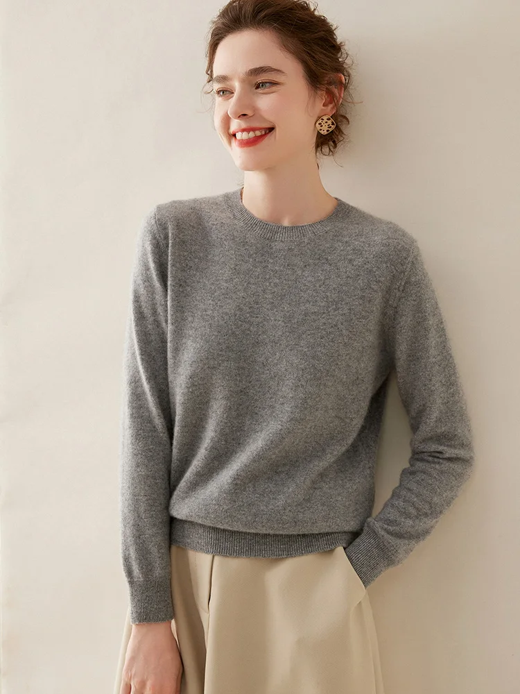 

Женский зимний кашемировый свитер с круглым вырезом, пуловер с длинными рукавами, однотонный, с трикотажным низом