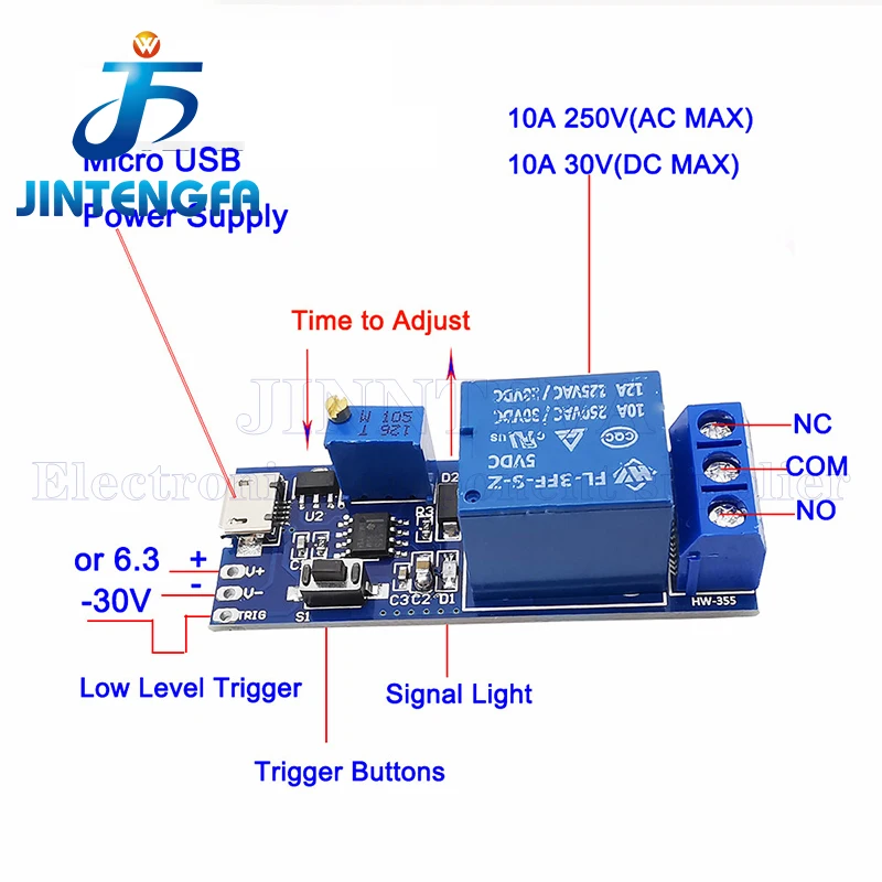 Modulo di controllo elettronico intelligente Interruttore di ritardo trigger 5V-30V Micro USB Alimentazione timer relè di ritardo regolabile