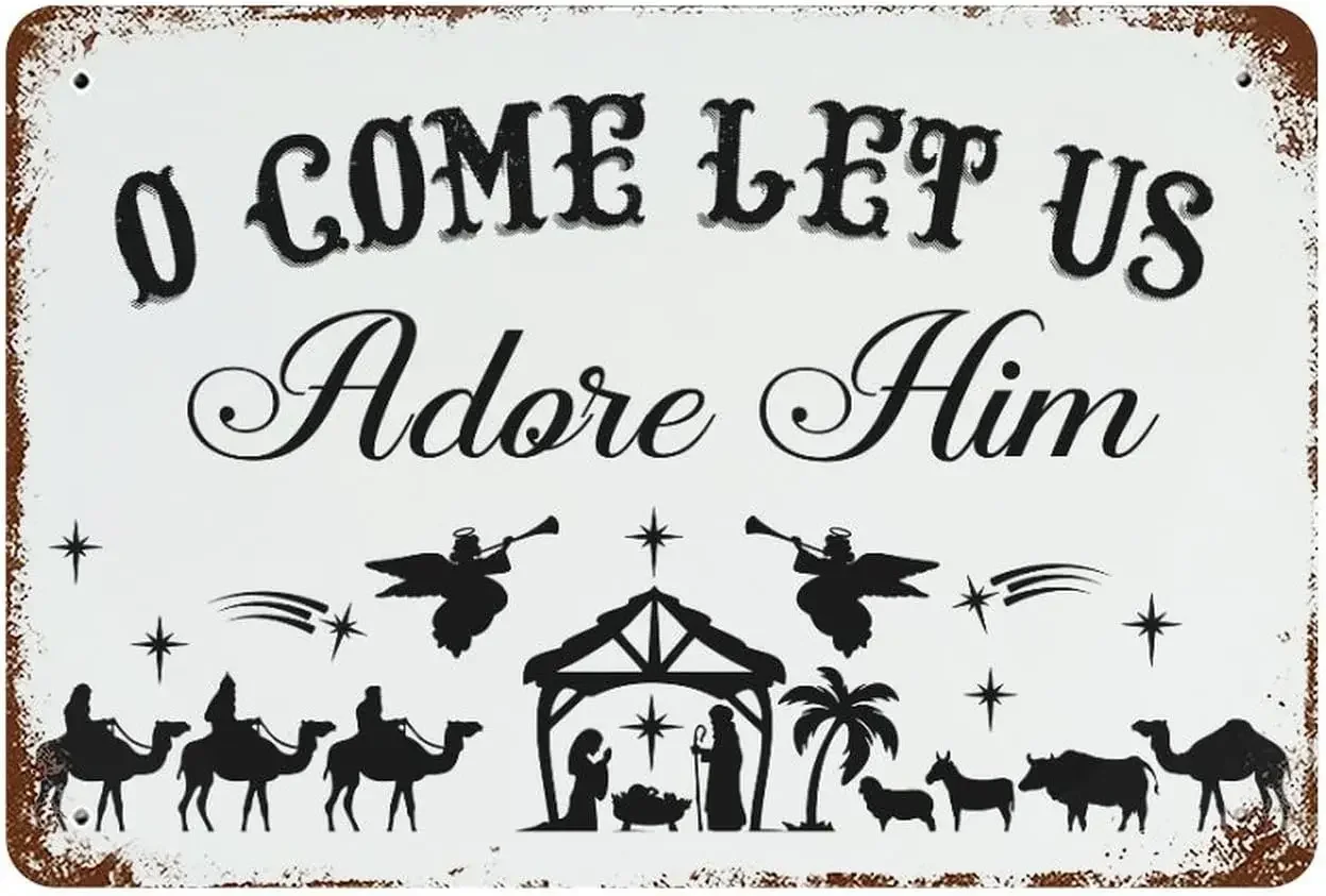 Nativity Scene O Come Let Us Adore Him Sign Wall Art Christmas Decoration, 12x18 Inch Nativity Scene Indoor/Outdoor