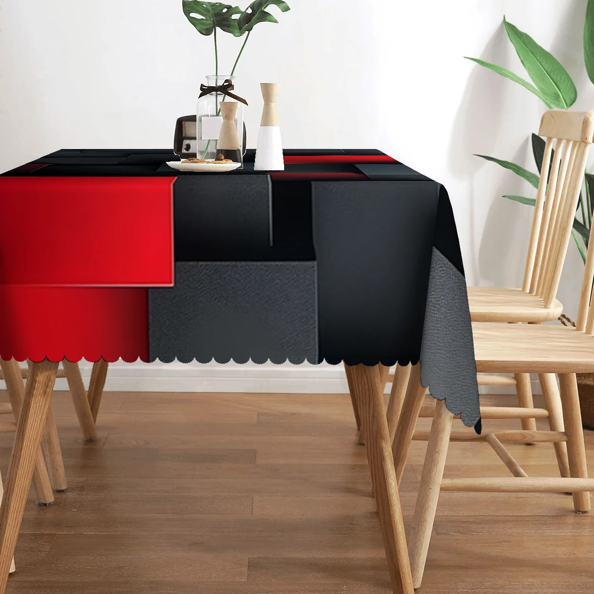 1pc Attractive and Simple Red and Black Square Geometric Three-Dimensional Texture Printed Rectangular Tablecloth yzb