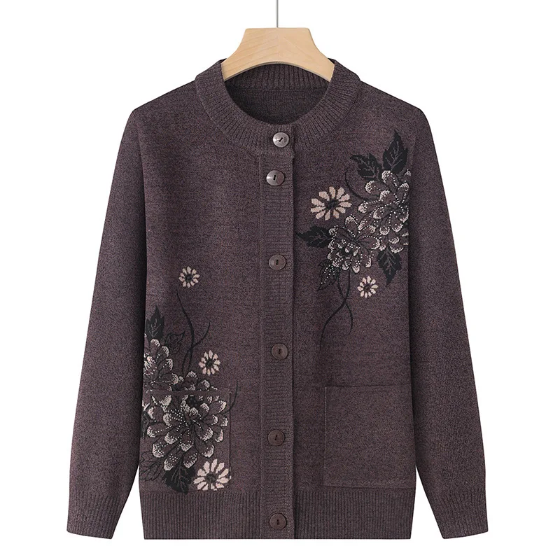 Korean Women's Clothes New Knit Woolen Printed Cardigan Coat Middle Aged Mother Knitwear Tops Vintage Grandma Sweater Jacket