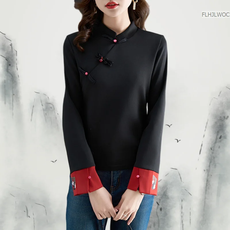 Chinese Style Chi-pao Collar Design Button Tops New Year 2024 Spring Women Date Girls Elegant Retro Shirt Blouse Vintage