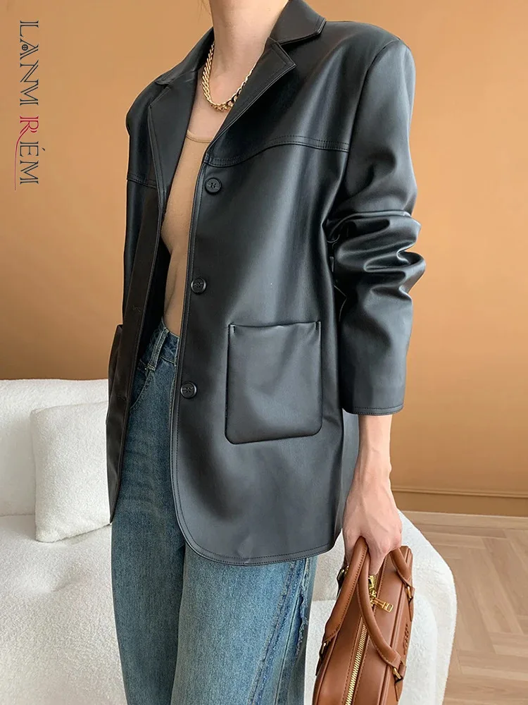 

[LANMREM] Vintage Leather Blazers For Women Notched Single Breasted Office Lady Jacket Fashion Coat 2024 Autumn New 26D9922