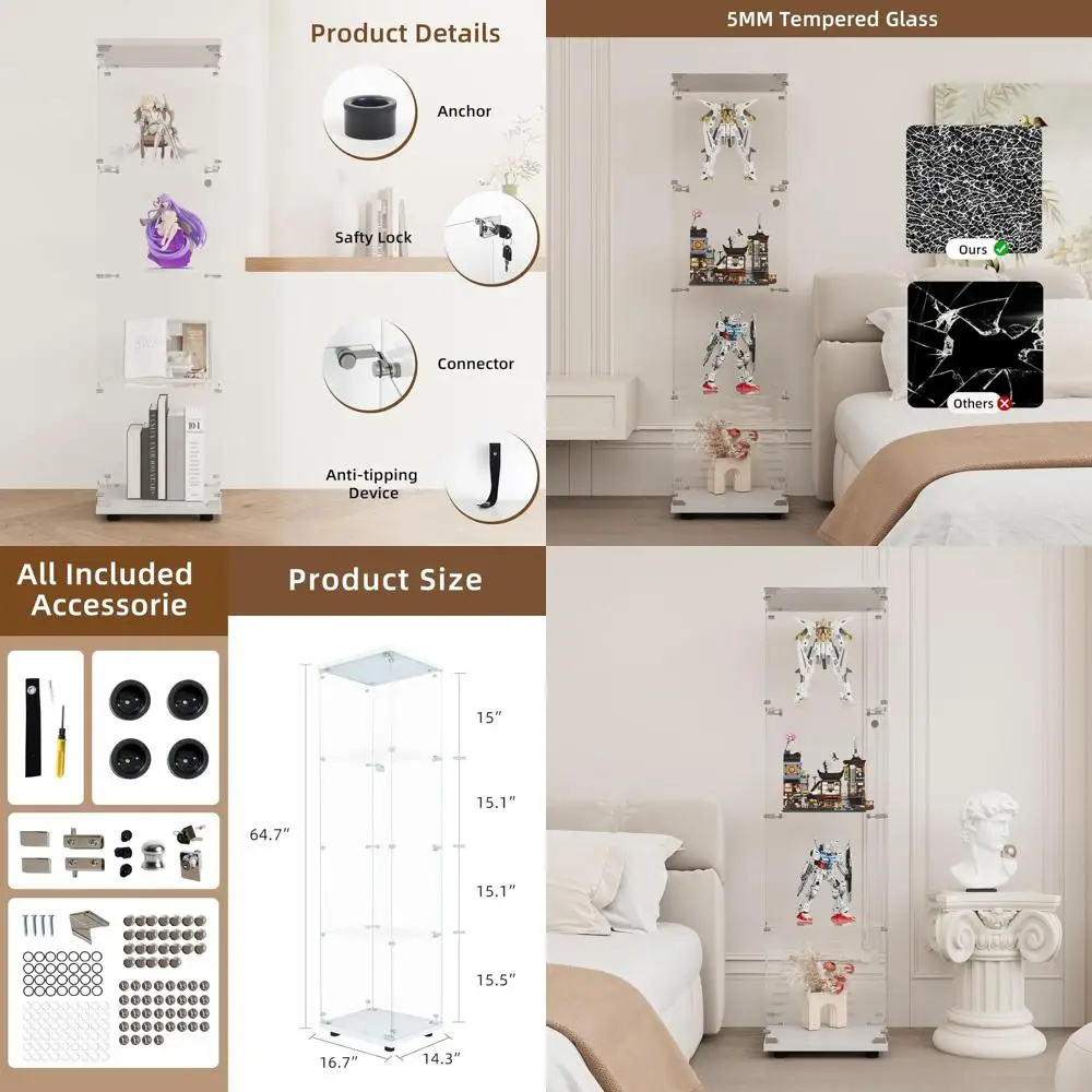 

Floor Standing Glass Door Curio Cabinet with 4 Shelves, 64H x 16.7W x 14.3D, White