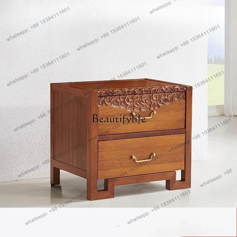 

yj7 South East Asia style new Chinese walnut solid wood bedside table carved double drawer bedside table