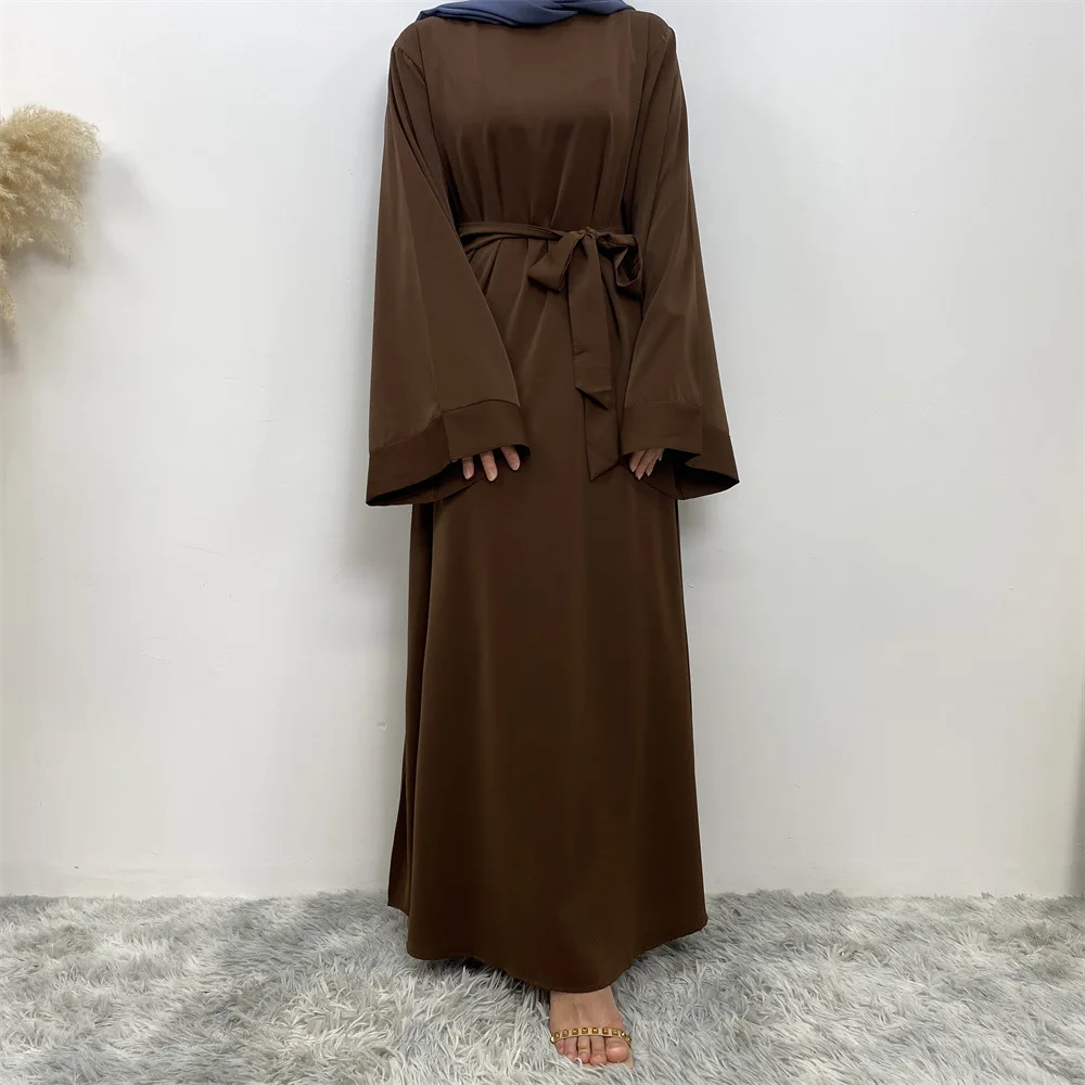 ผู้หญิงมุสลิมตะวันออกกลางดูไบสีทึบ LACE-Up ชุด Abaya หลวม Robe ตุรกียาวแฟชั่นชุด