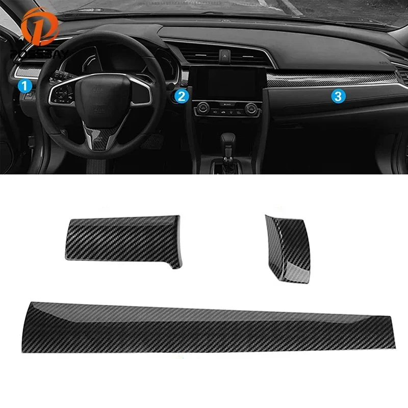 3Pcs/Set LHD Car Center Dashboard Panel Trim Cover For Honda Civic 10th Gen 2016 2017 2018-2021 Carbon Fiber Look Accessories