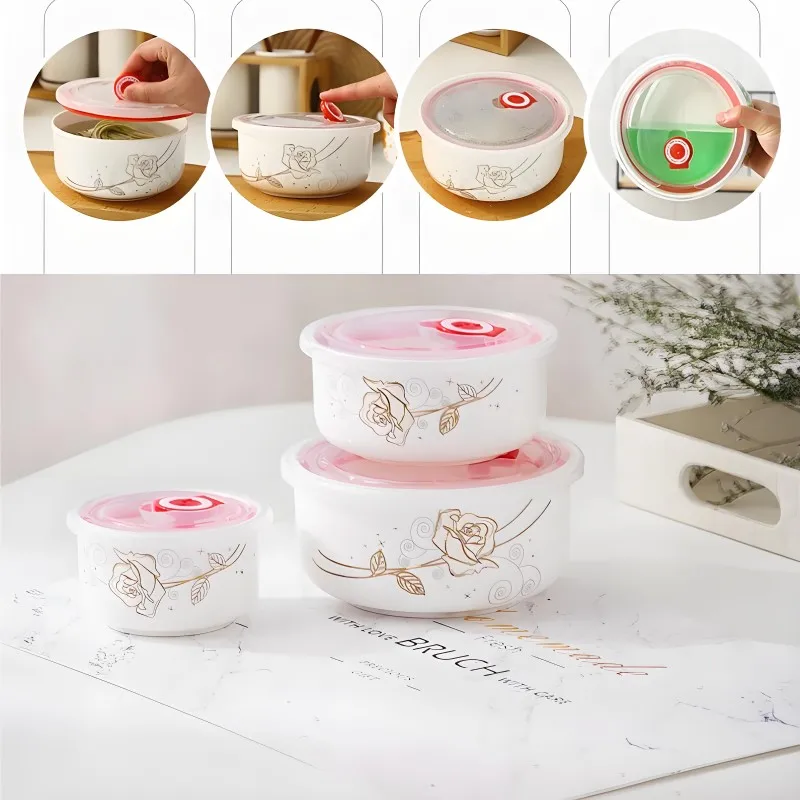 Three-piece set, fine bone china lunch box set japanese style, porcelain baby lunch bowl, thermos for hot food with containers