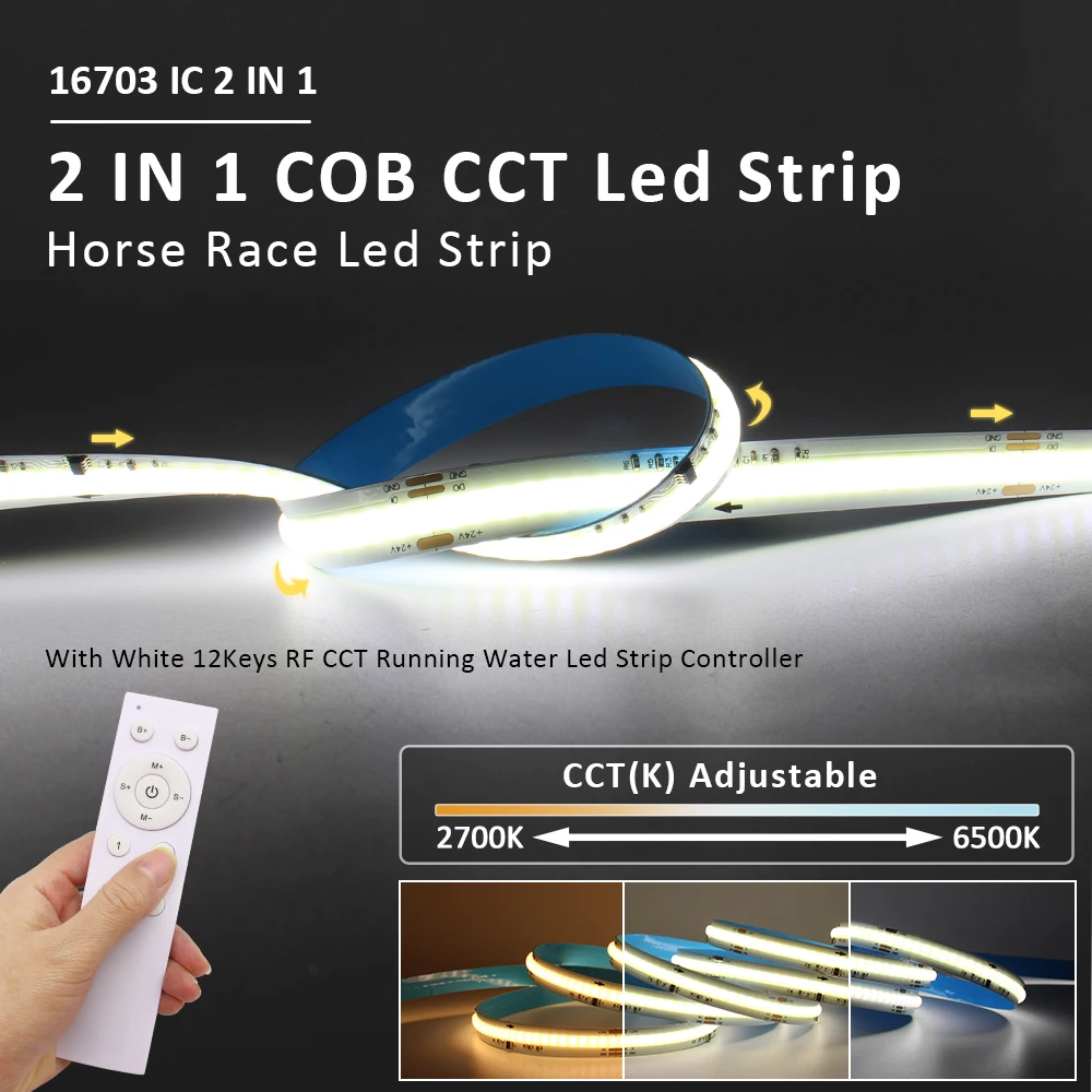 24V DC COB IC LED Running Water Flowing Strip Light CCT 576LEDs/M Flex Ribbon Dual White Horse Race Lamp with Remote Control