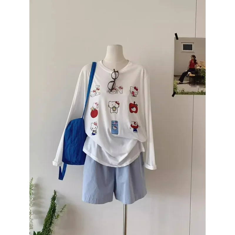 

Женская футболка с длинным рукавом с 3D принтом Hello Kitty, новинка лета 2025 г., свободный быстросохнущий топ