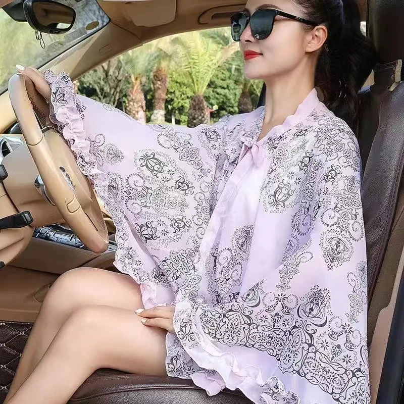 2024 New Thin Print Sunscreen Shawl Women Summer UV Protection Riding Sunscreen Cloak Lady Poncho Capes Black