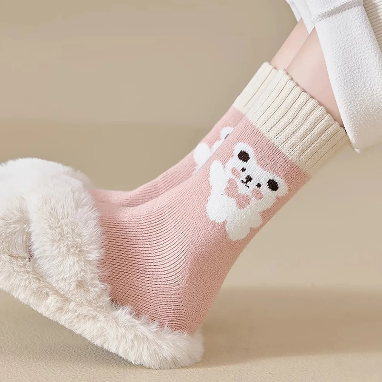 Winter Thicken Fleece-lined Plush Socks for Women Terry Long Sock Cold-resistant Warm Mid-calf Socks Pink Girl Thermal Footwear