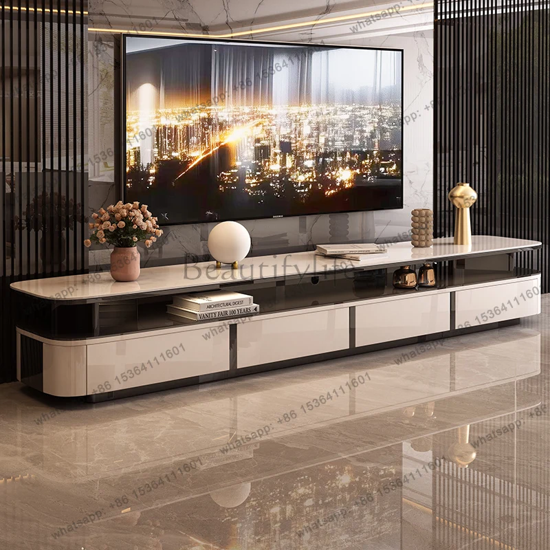 

TV Stand Floor Standing Storage Cabinet Living Room Furniture Quartz Slab Countertop Double-layer Design Household Light Luxury