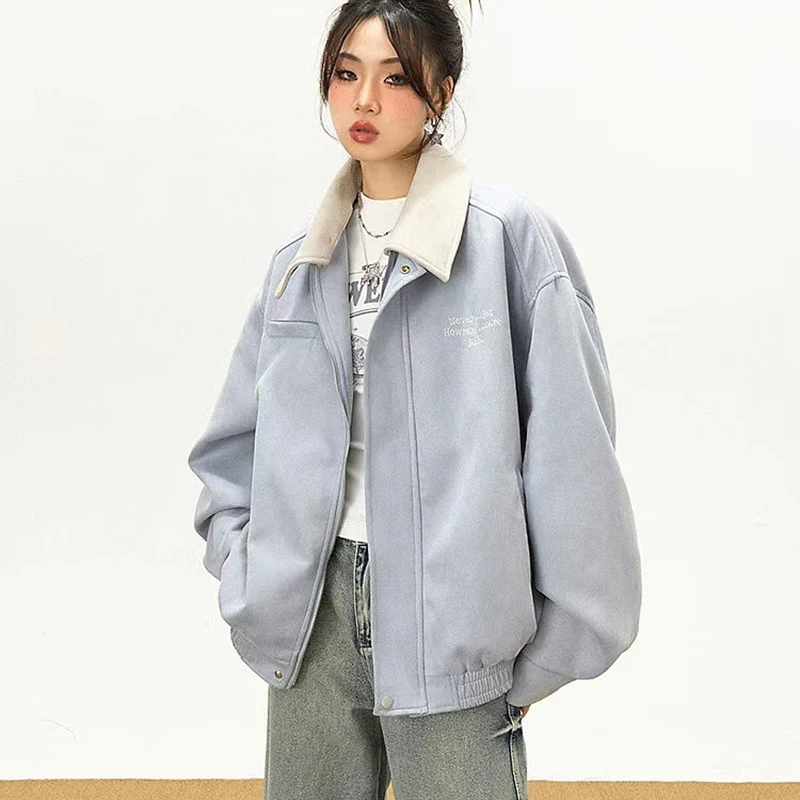 Jaqueta americana de camurça falsa feminina, casaco solto casual de rua com gola entalhada, manga comprida, zíper, vintage, beisebol, estilo preppy, roupa externa