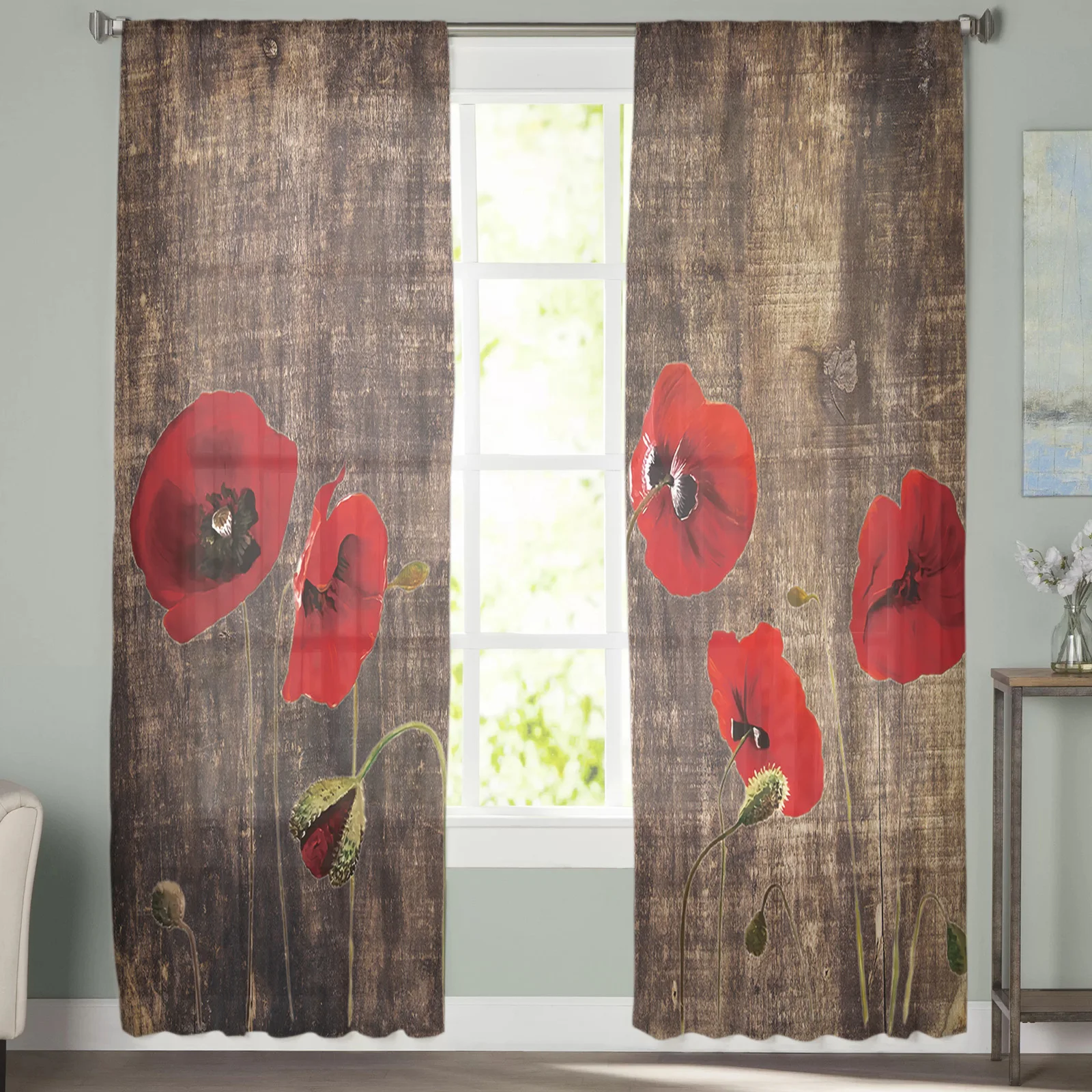 Abstract Art Wood Grain Red Flower Sheer Curtains for Living Room Bedroom Kitchen Chiffon Tulle Curtains Home Hotel Coffee Decor