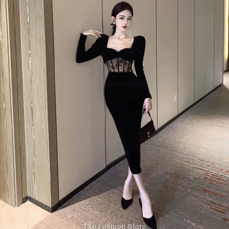 Women Elegant Black Velvet Sexy Party Dress French Vintage Lace Patchwork High Waist Long Dress Lady Long Sleeve Prom Dress