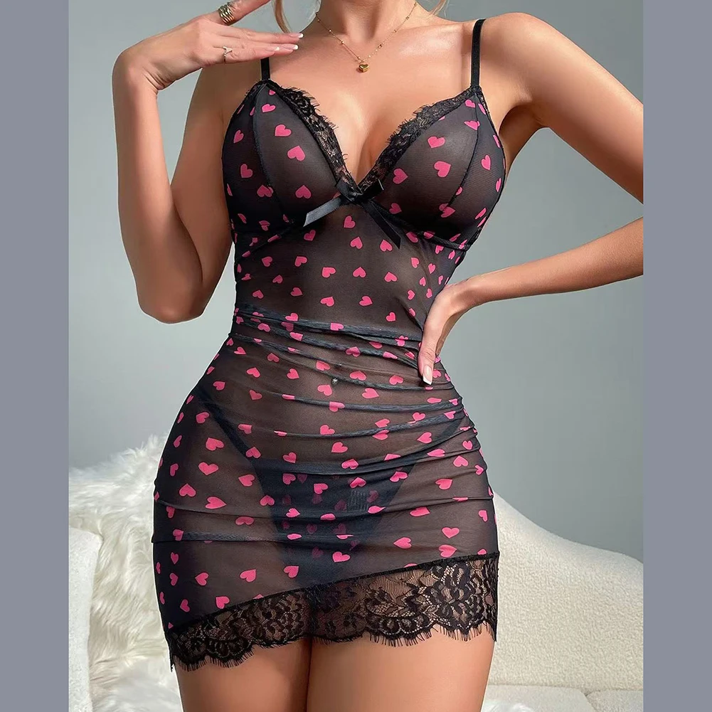 

Casual Evening Wear Lace Tulle Dress Casual Sexy Sleepwear Nightgown Black Casual Style Dress Fitted Nightgown