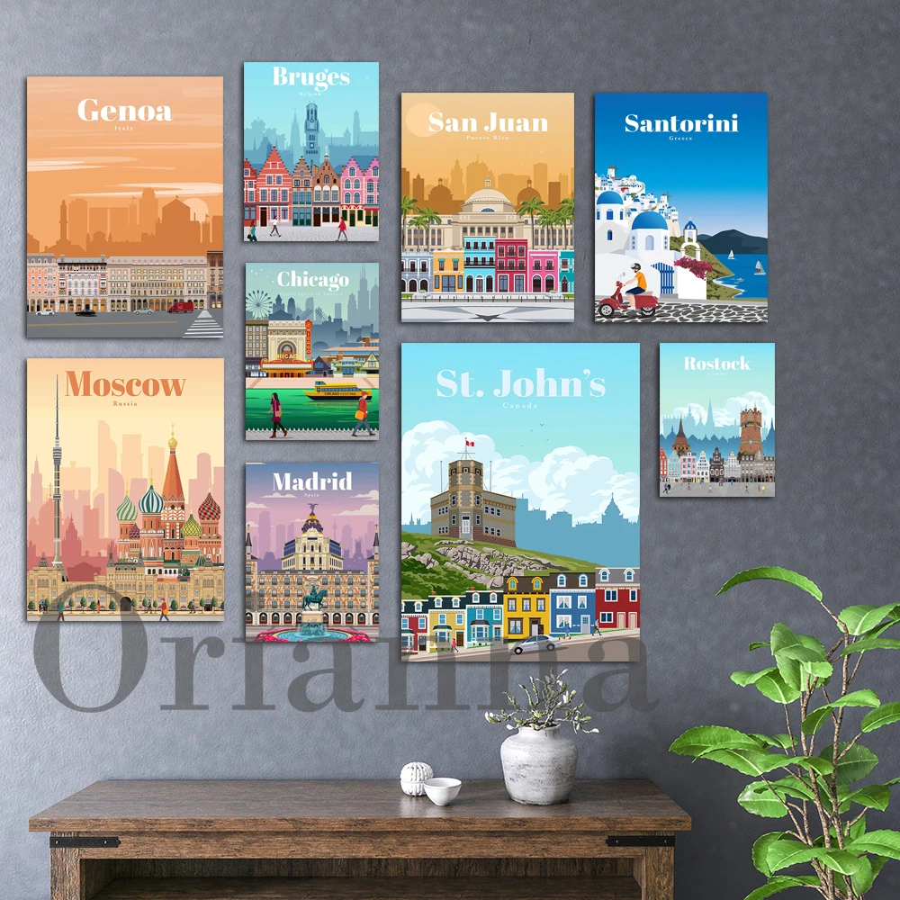 

Bruges, Moscow, Washington, Chicago, Genoa, Santorini, Rostock, St. John'S, San Juan, Madrid, City Travel Poster Wall Art Print