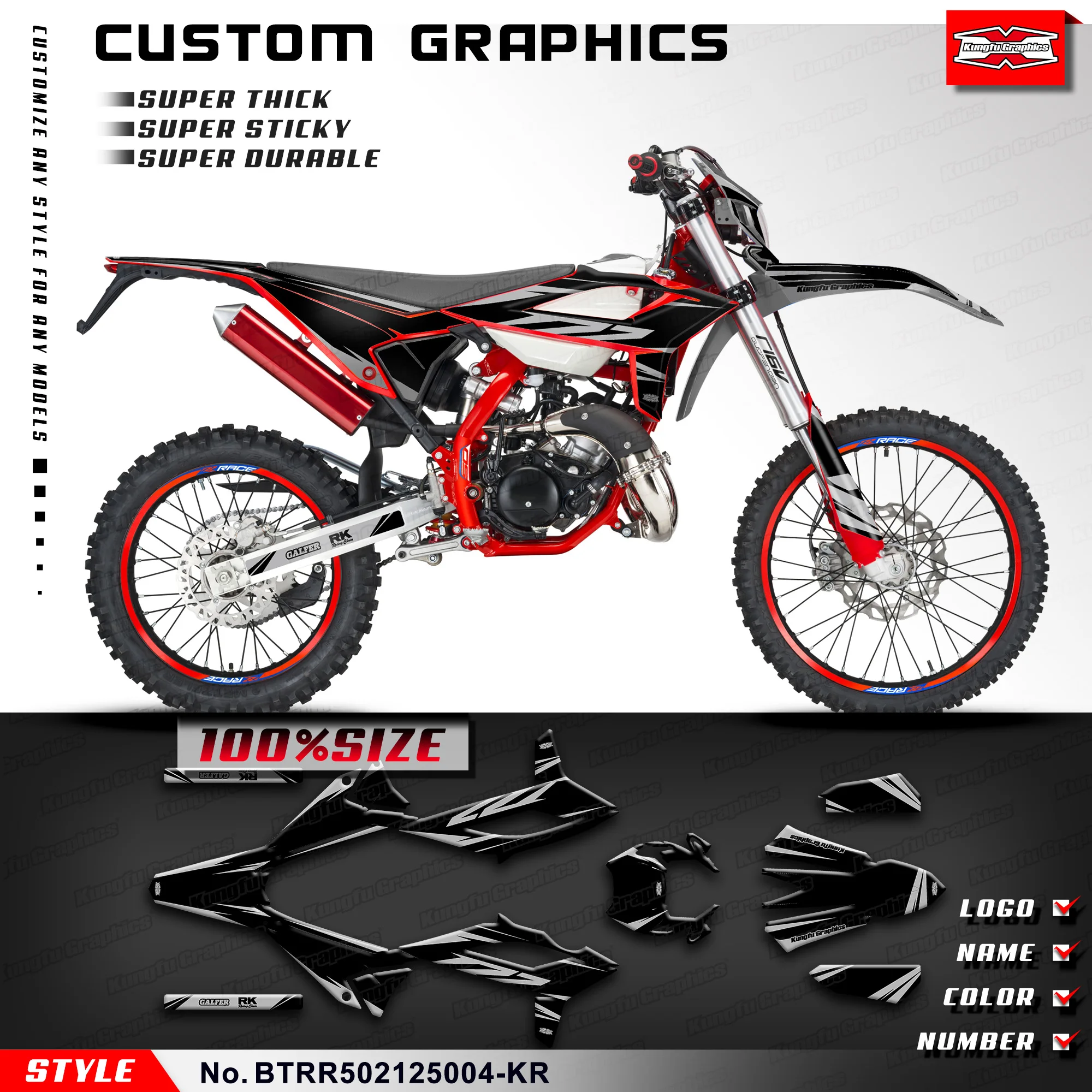 

Наклейки на мотоцикл KUNGFU GRAPHICS, прочный винил для BETA RR 50 Race 2021 2022 2023 2024 2025, украшения, BTRR502125004-KR