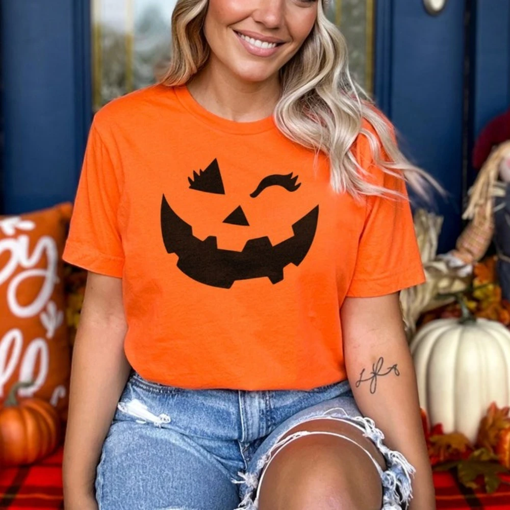 

Футболки с рисунком тыквы «Счастливый Хэллоуин» для девочек «Кошелек или жизнь ко Дню всех святых» Оранжевая женская и мужская рубашка с короткими рукавами