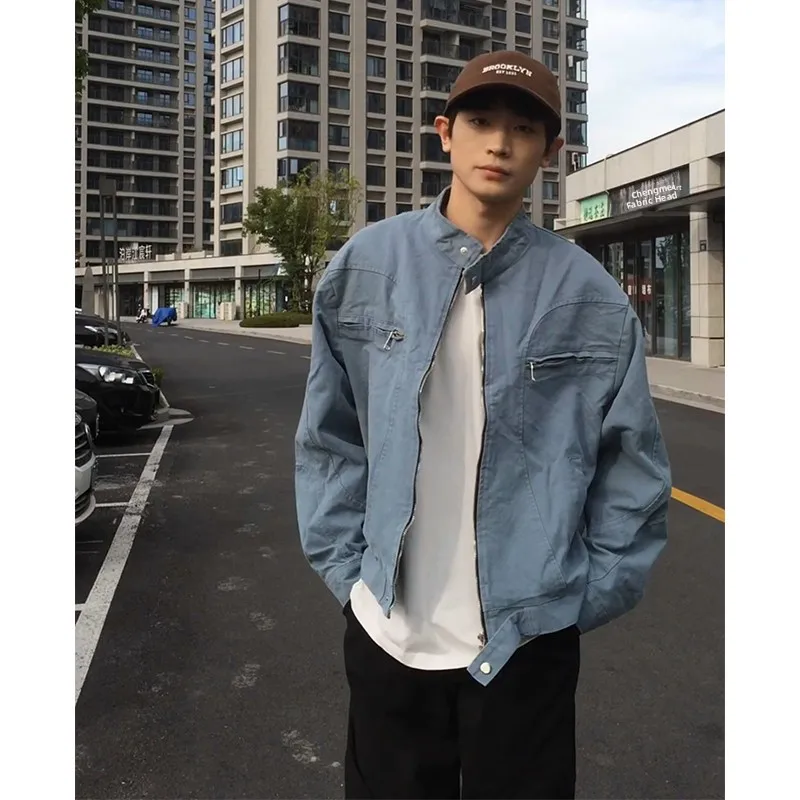 

Винтажная синяя холщовая куртка-харрингтон для мужчин, весенне-осенняя, в американском ретро-стиле, свободного кроя, молодежная, трендовая, на молнии