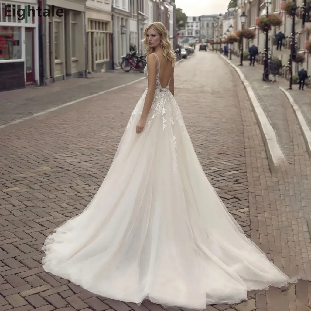 Eightale عاجي تول رقبة على شكل V ذيل محكمة فساتين زفاف 2025 زي العرائس زينة دانتيل رداء De Mariage مخصص