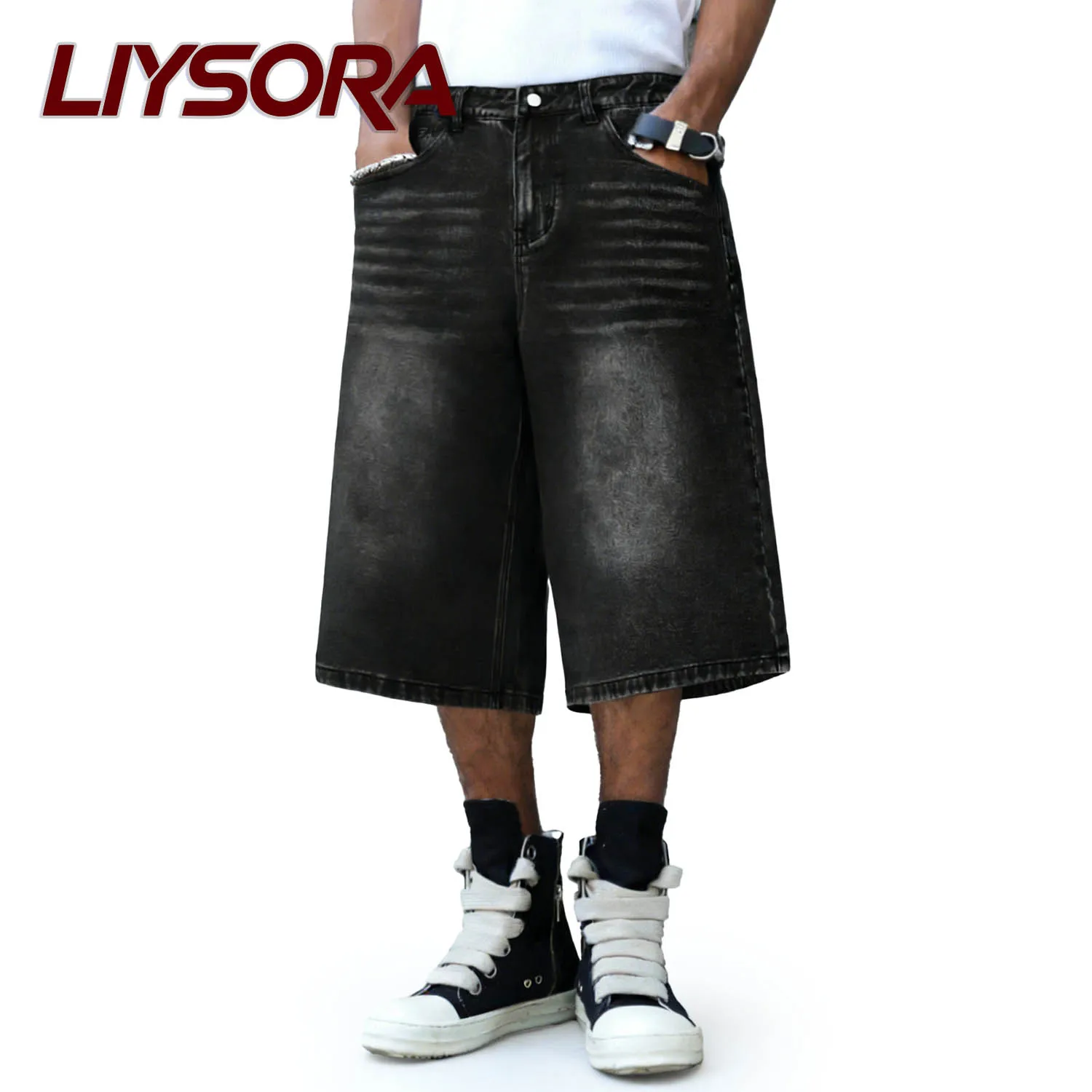 

LIYSORA American Men's Retro Black Oversized Baggy Wide Leg Denim Shorts Spring Summer Street Male Casual Ultra Baggy Jeans