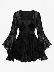 ROSEGAL Plus Size Women's Pullover Tops Black Square Neck Skulls Flocking Ruched Lace Trim Flare Sleeves Casual T-Shirts Blouses