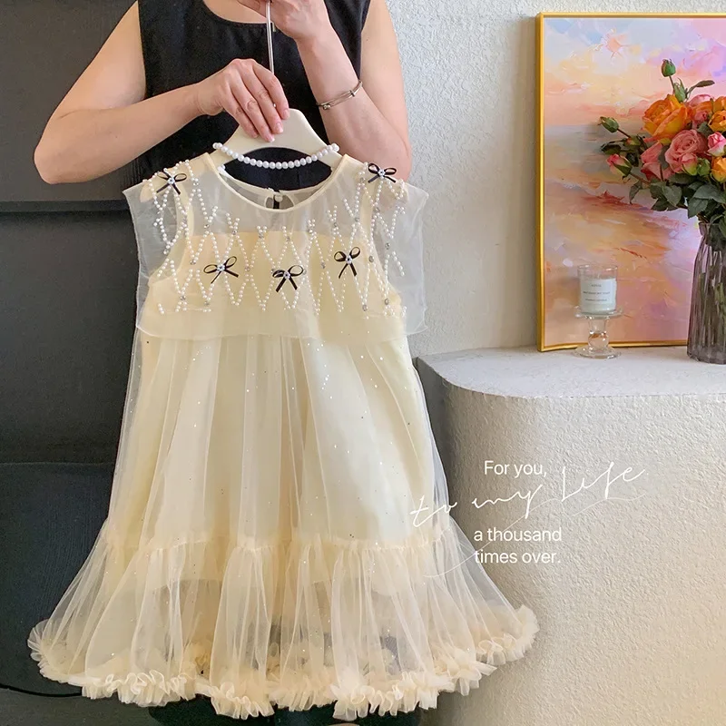 

2025Girls' Summer New French Heavy Industry Beads Birthday Dress Dress