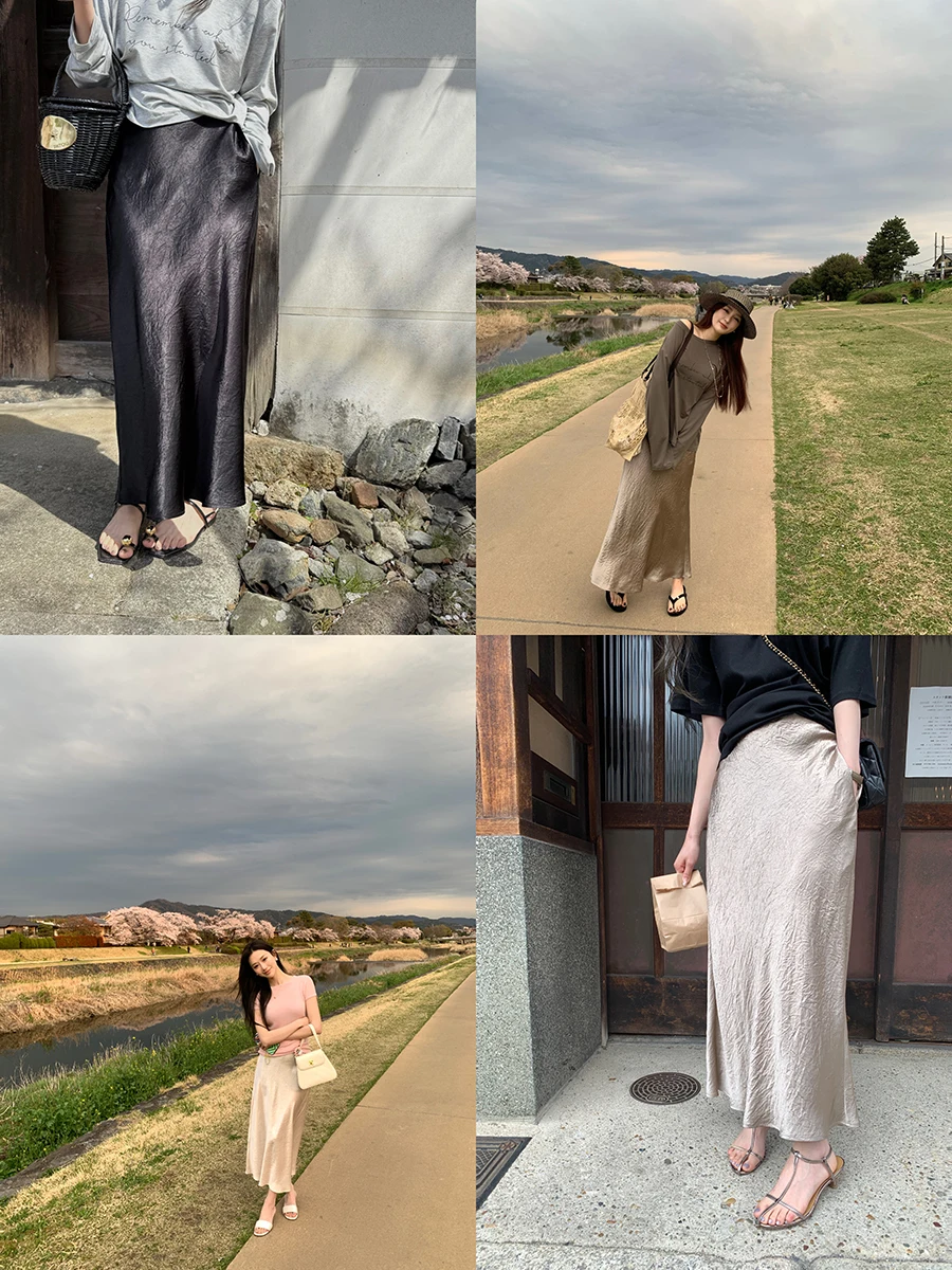 

Scarlett Pleated Acetate terne Long Skirt Ele Commute Slimming Straight Cut mid Waist Design Pure Color Spring Season