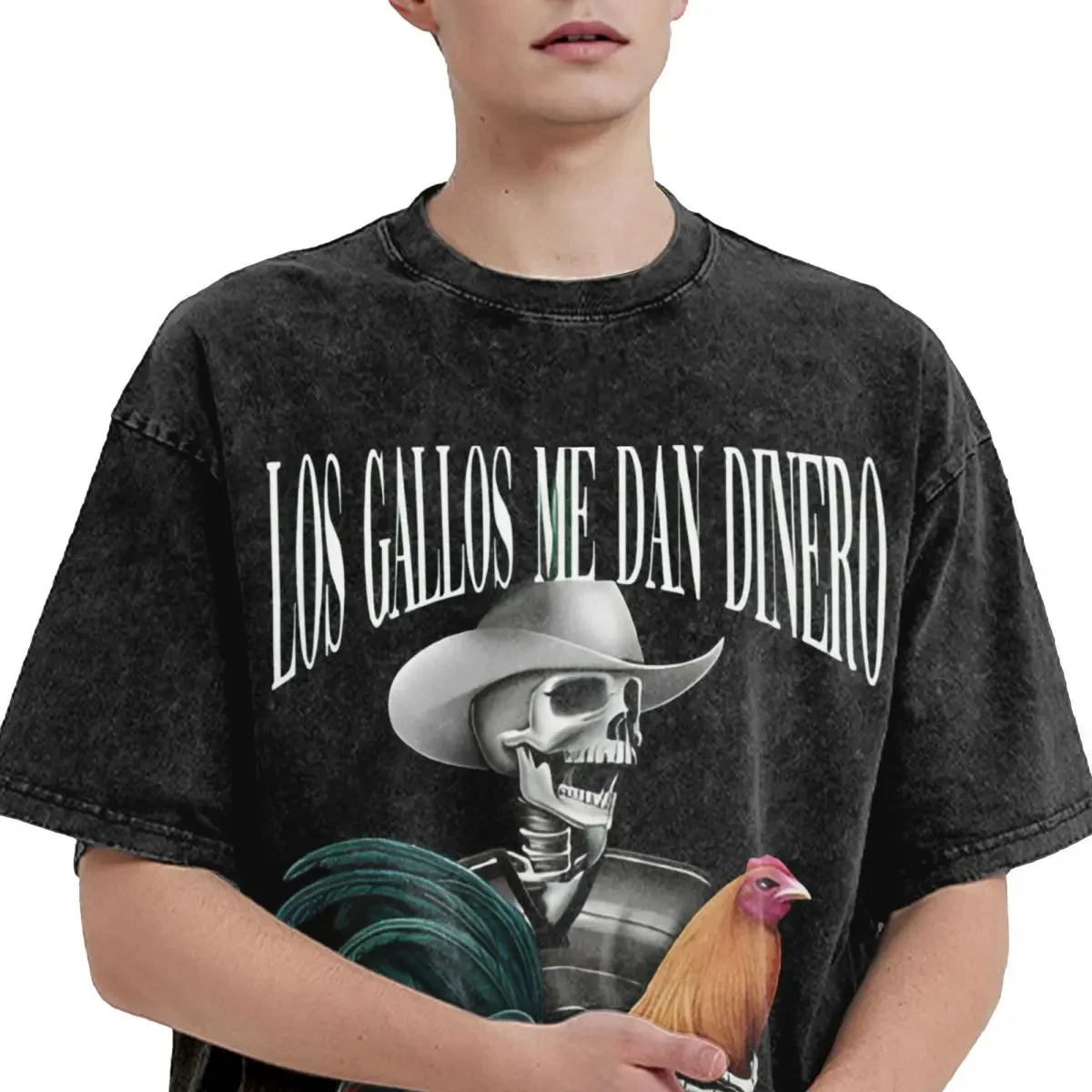 LOS GALLOS ME DAN DINERO Y LAS VIEJAS ME LO QUITAN Washed T Shirt Men Street Style Cotton T-Shirts Oversized T Shirt