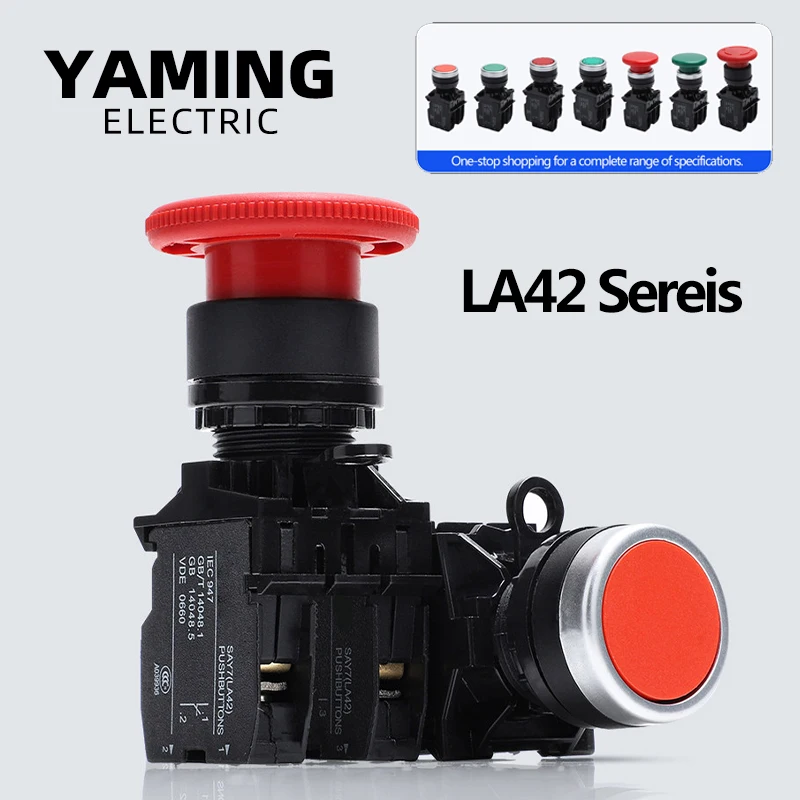 2pcs LA42 Momentary Reset Push Button Switch Flat Knob - LA42J Double Key Emergency Stop For Elevator (Black/White)