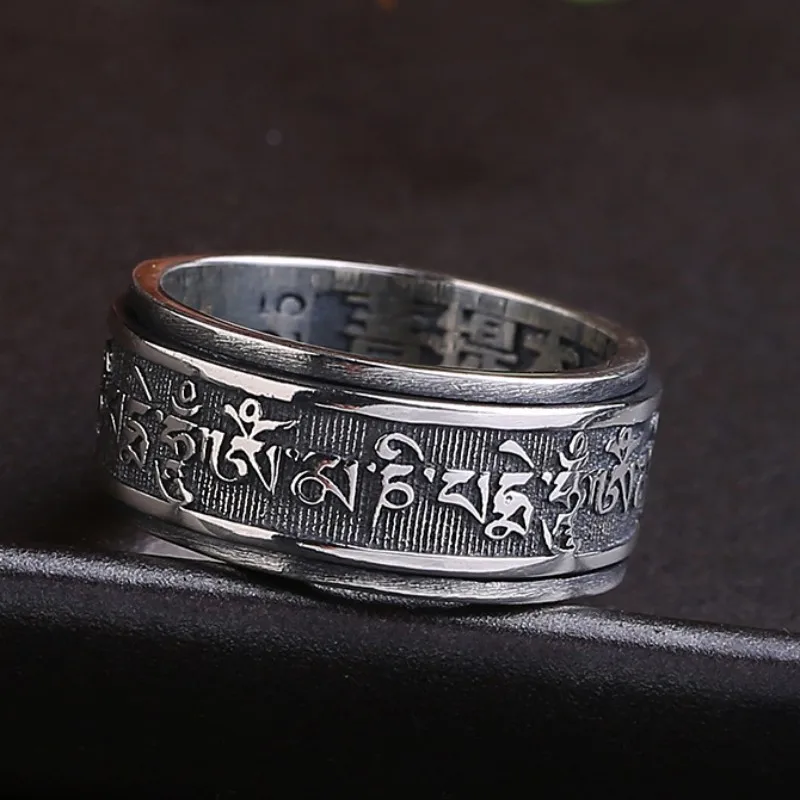 BOCAI S925 Sterling Silver Rotatable Rings Six Syllable Mantra Buddhist Sayings Charm Jewelry Pure Argentum Amulet for Men Women