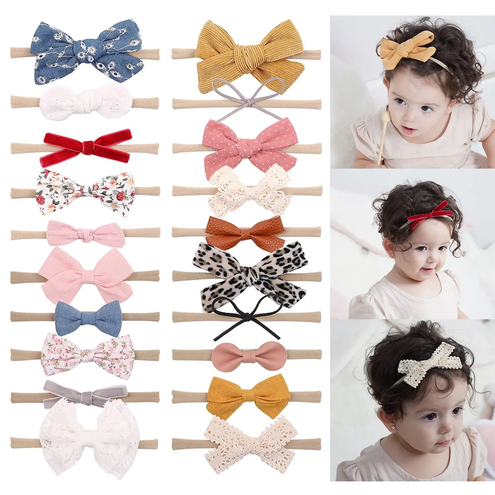 

10Pcs Baby Girls Lace Flower Headband Set Handmade Leather Bowknot Elastic Nylon Velvet Hair Accessories for Newborns Toddler
