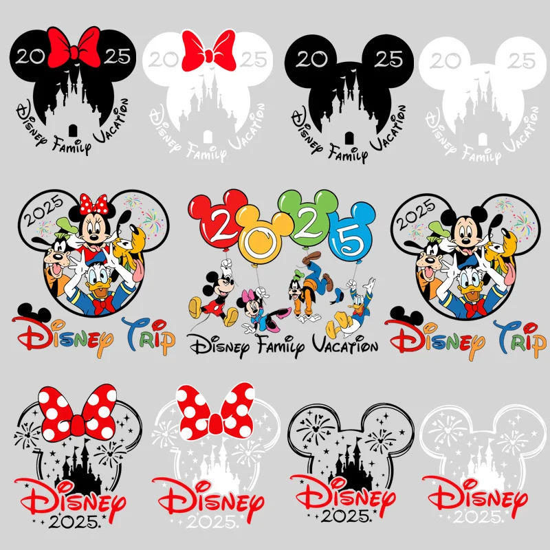 2025 Mickey Minnie Mouse Family Trip Cartoon Patches for Clothes Heat Transfer Stickers DIY T shirt Iron on for Women Appliqued