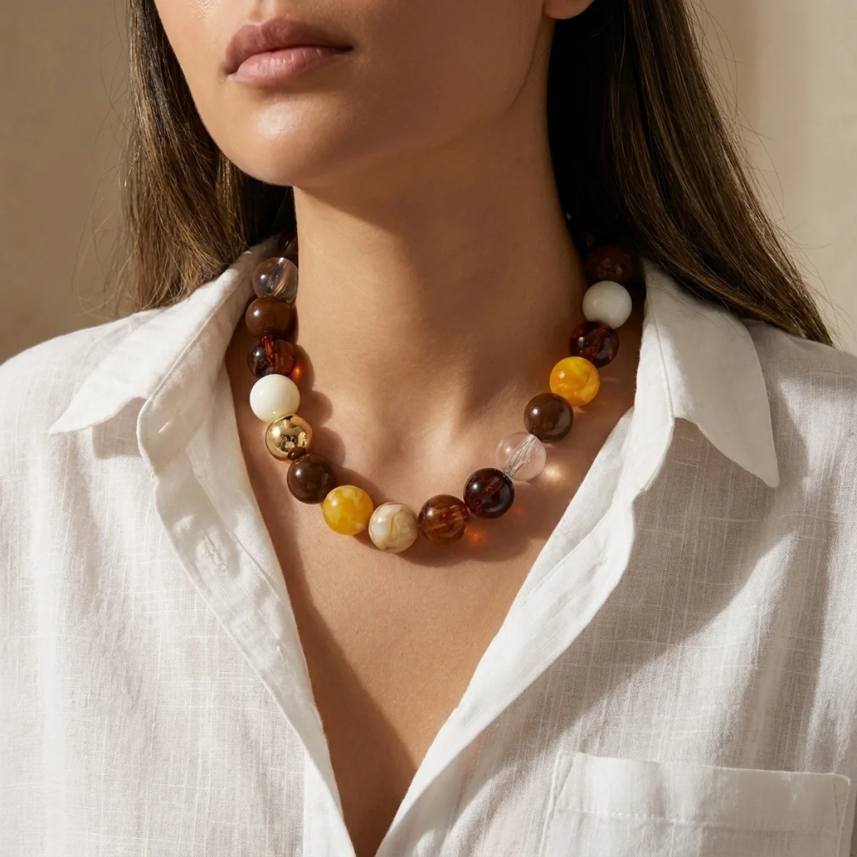 Modische bunte Acryl-Halskette mit großen runden Perlen für Damen und Herren, böhmische blaue braune Harzperlen, Choker, Y2K-Ästhetik-Schmuck – Detail 23