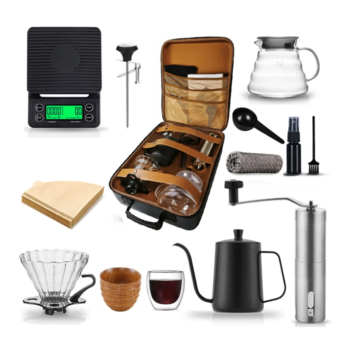 

13 Pcs Travel Coffee Lovers Sets with Manual Coffee Grinder Coffee Dripper Goose Neck Kettle Digital Scale Paper