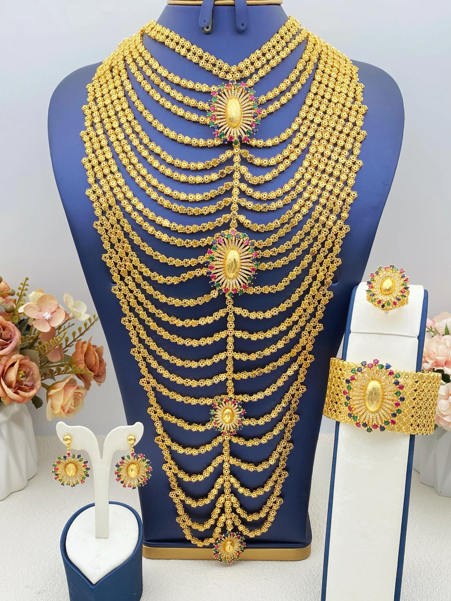 JRH Banquet Gathering Light Luxury Gold Plated Copper Zircon Set Long Necklace Earrings Ring Bracelet Women Elegant Full Jewelry