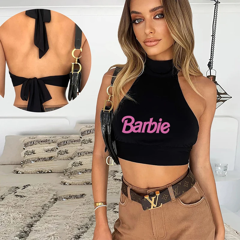 New Barbie Fashion Girls Sexy Sleeveless Backless Tank Tops Kawaii Summer Women Black Halter Lace Up Cropped Vest T-Shirts Gifts