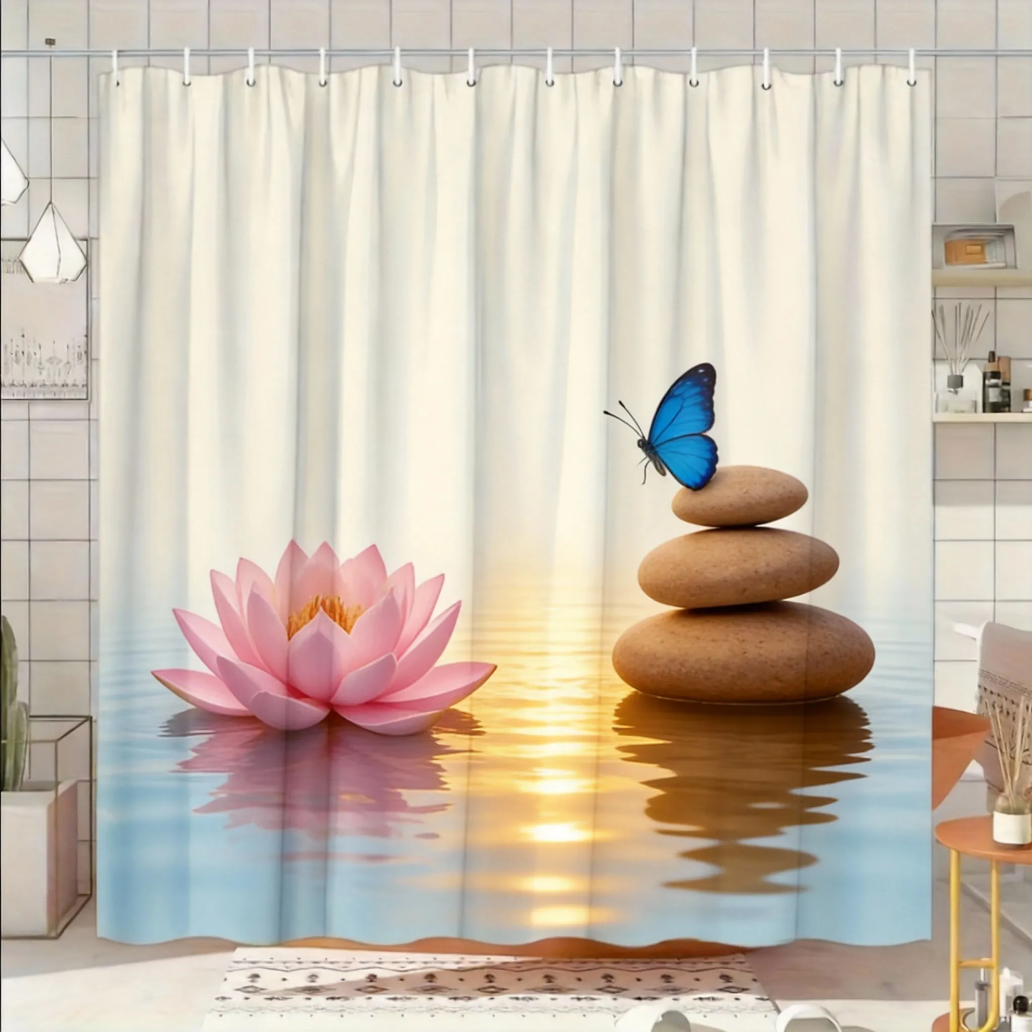 

Занавеска для душа Tranquil Lake 180x180 см – дизайн «Лотос и каменный сад», декор для ванной комнаты в стиле природы, 12 крючков