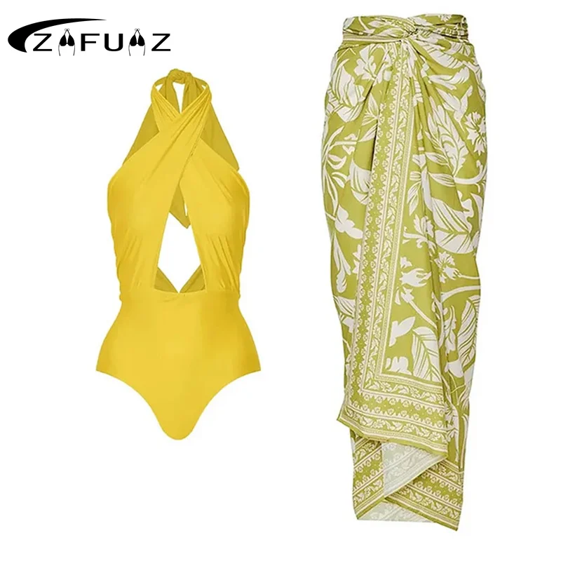 ZAFUAZ 2024 High Quality Halter One Piece Swimsuit Yellow Solid Print Push Up Women Bikini Set Swimwear Slimming Bathing Suit Be