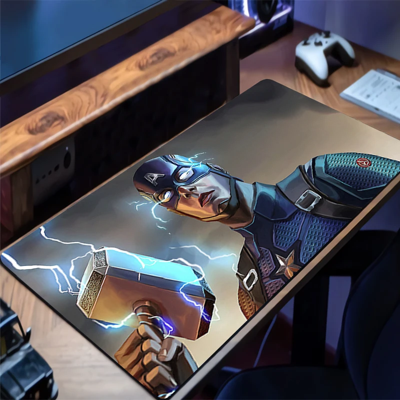لوحة ماوس كبيرة كابتن أمريكا مشغلات الرياضة الإلكترونية سجادة كمبيوتر محمول ألعاب لوحة المفاتيح حصيرة لوحة الماوس حافة شرابة بيضاء مطاطية الجدول حصيرة