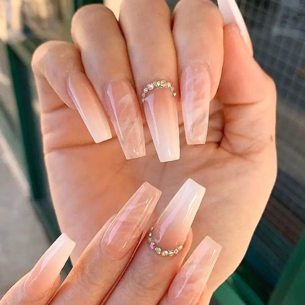 

Fashion Long Ballerina False Nails French Marble Glitter Nail Tips Detachable Full Cover Press on Nails DIY