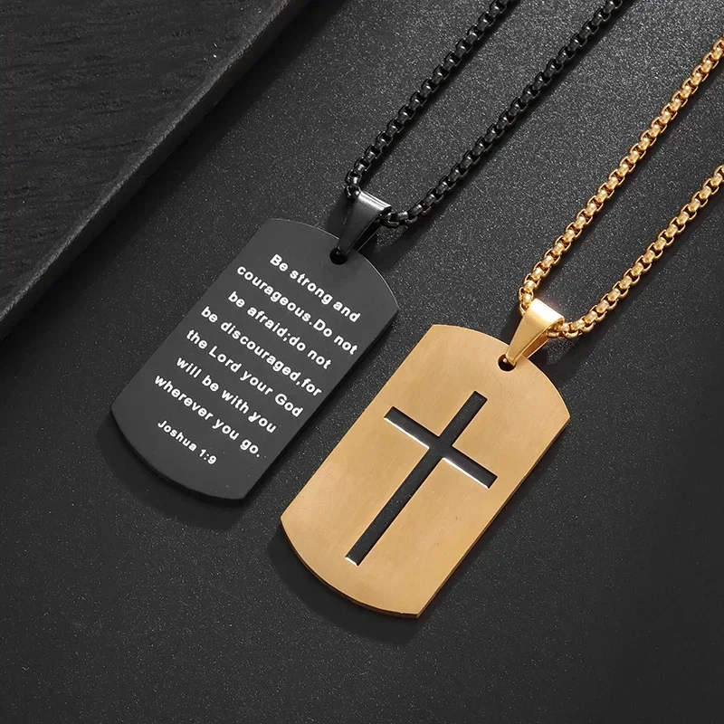 Stylish Stainless Steel Engraved Cross Scripture Military Brand Pendant Men's Double Sided Personalized Street Amulet Jewelry