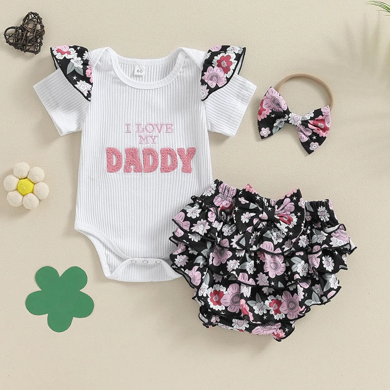 

SUNSIOM Baby Girl 3 Piece Summer Clothes Letter Embroidery Ribbed Romper Layered Ruffled Shorts Bow Headband Newborn Outfits