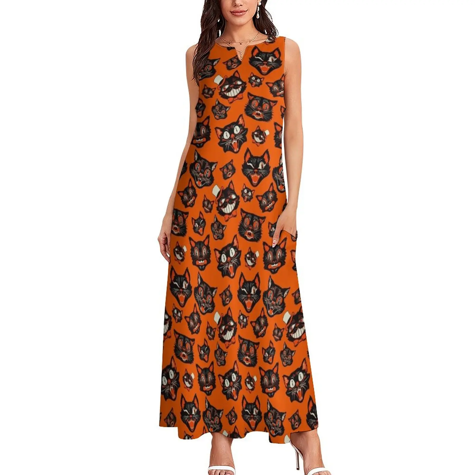 Retro Vintage Halloween Black Cat Faces Pattern - Orange Background Long Dress bandage dress Dance dresses