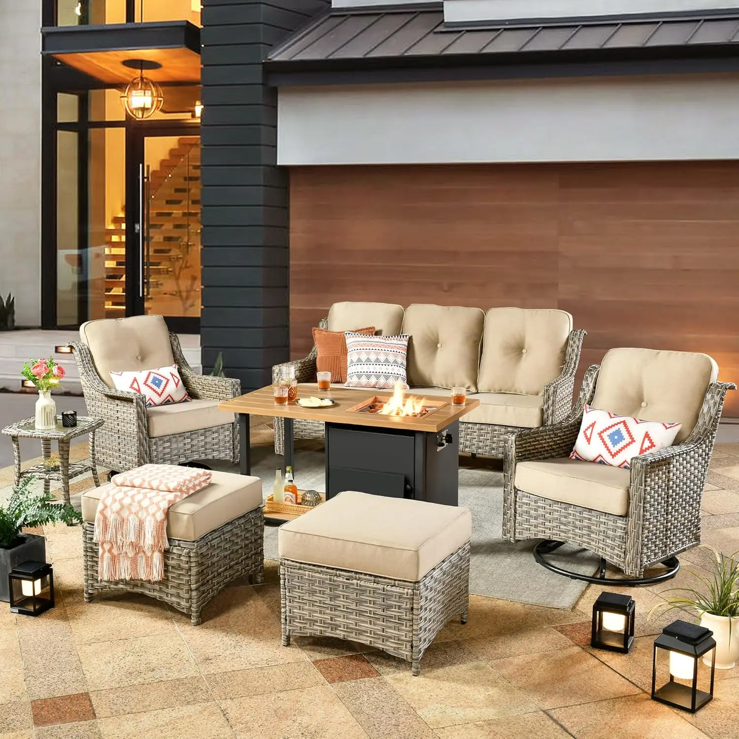 

Outdoor Sofa with Swivel Rocker Chairs and Fire Pit Table,7 Pieces PE Wicker Conversation set and Matching Side Table